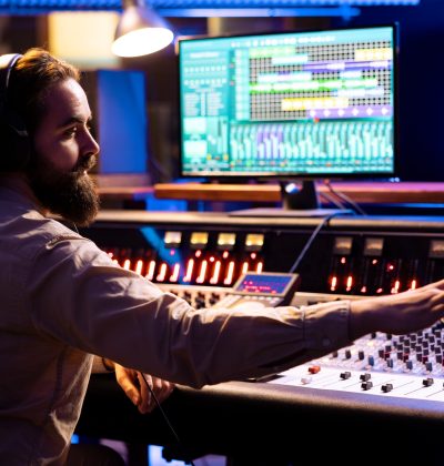 Sound engineer working in professional studio to mix and master tracks Sound engineer working in professional studio to mix and master tracks